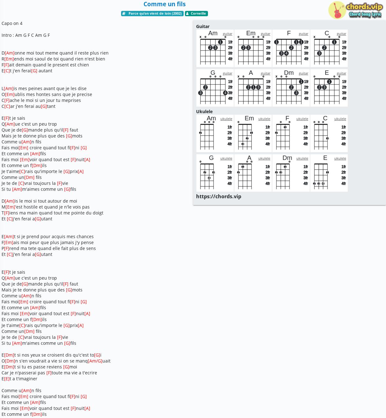 Chord Comme Un Fils Corneille Tab Song Lyric Sheet Guitar Ukulele Chords Vip