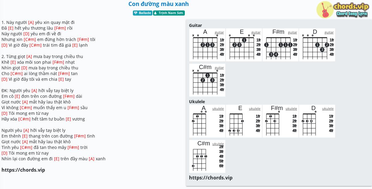 Hợp âm: Con đường màu xanh - Trịnh Nam Sơn - cảm âm, tab guitar, ukulele - lời bài hát | chords.vip