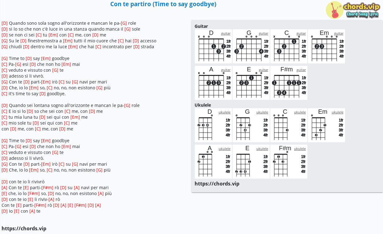 Chord Con Te Partiro Time To Say Goodbye Francesco Sartori Lucio Quarantotto Tab Song Lyric Sheet Guitar Ukulele Chords Vip