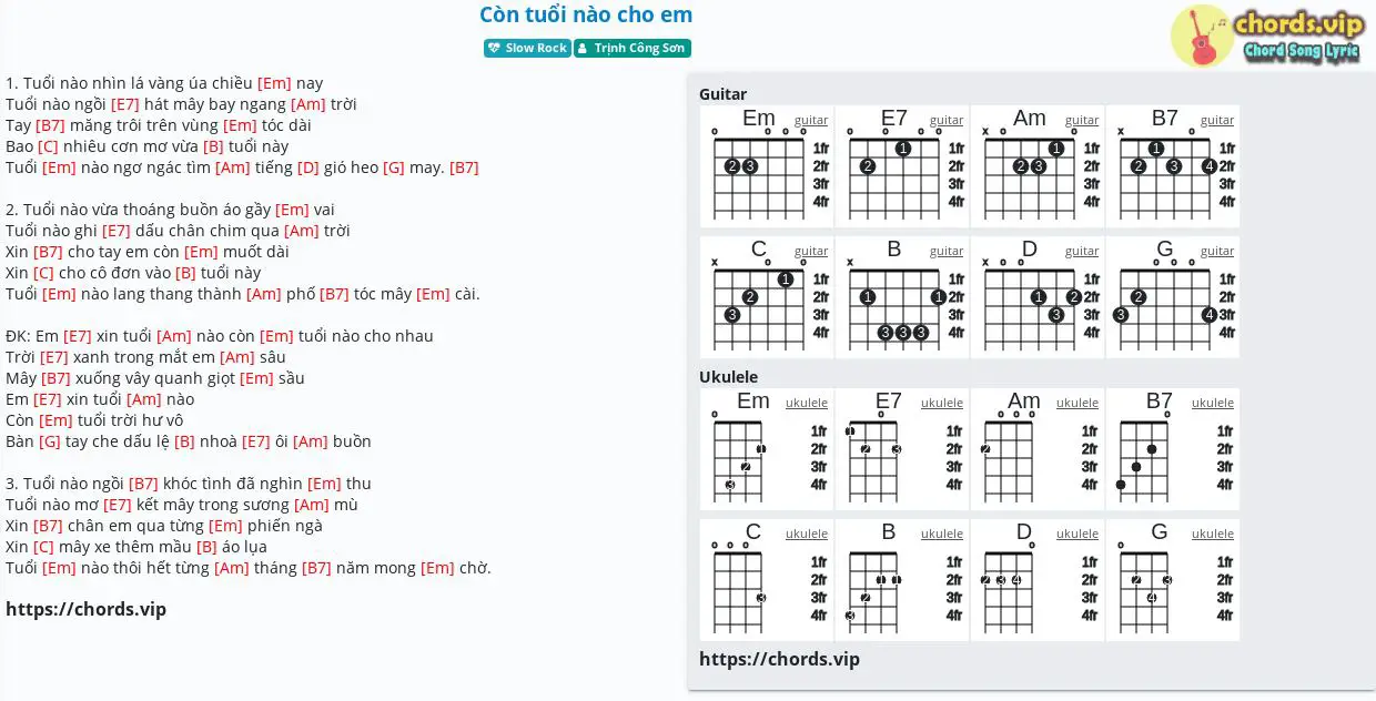 Hợp âm: Còn tuổi nào cho em - Trịnh Công Sơn - cảm âm, tab guitar, ukulele - lời bài hát | chords.vip