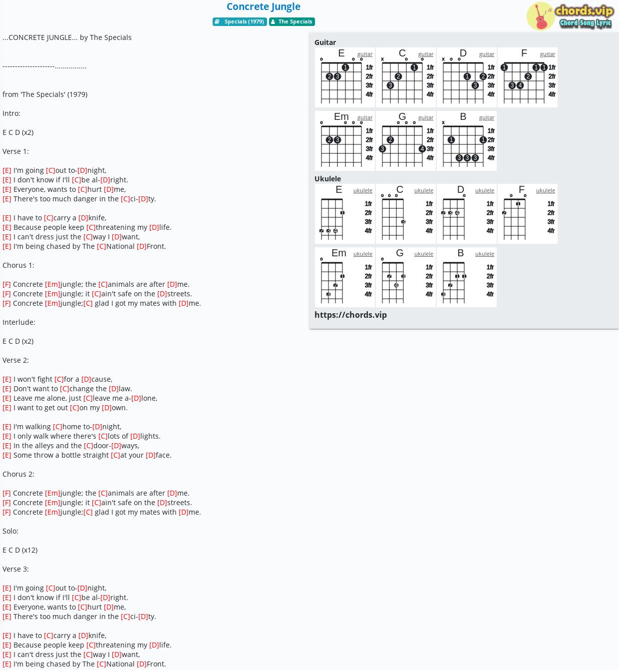 Chord: Concrete Jungle - The Specials - tab, song lyric, sheet, ukulele | chords.vip