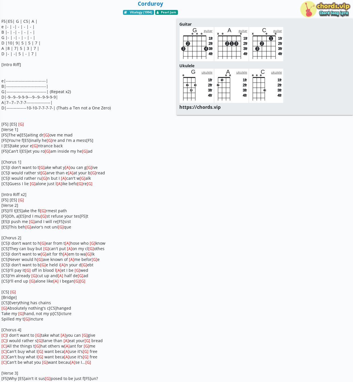 Chord Corduroy Pearl Jam Tab Song Lyric Sheet Guitar Ukulele Chords Vip