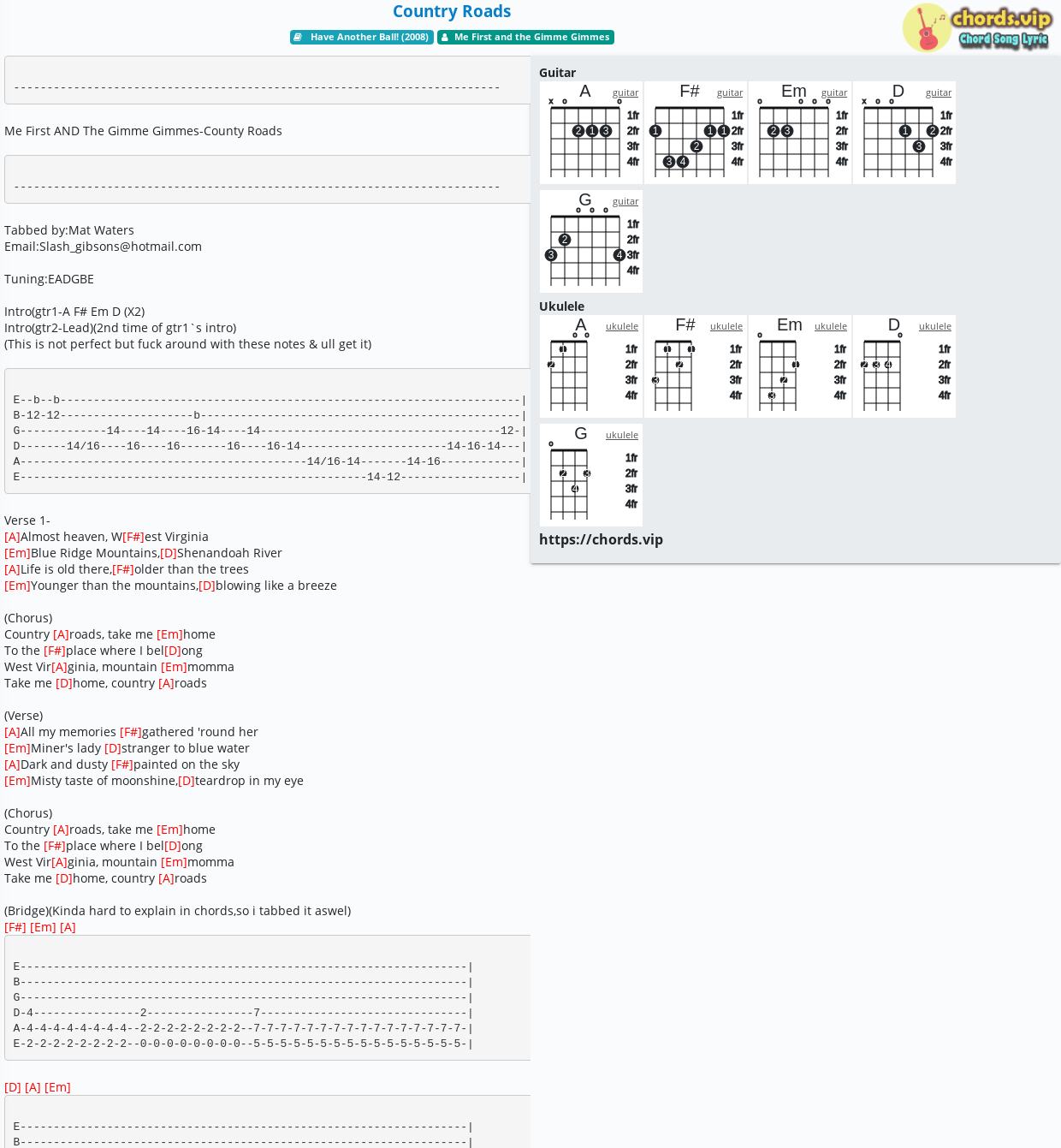 Chord Country Roads Me First And The Gimme Gimmes Tab Song Lyric Sheet Guitar Ukulele Chords Vip