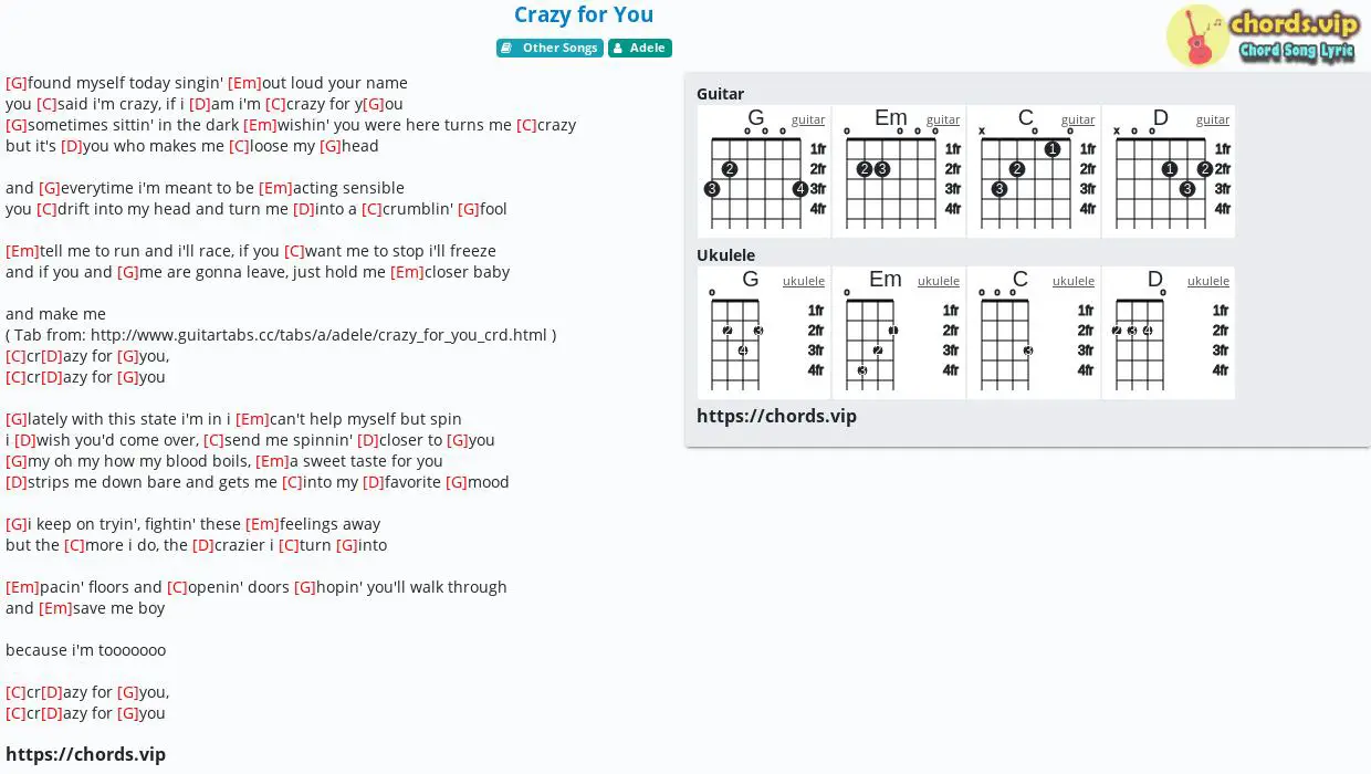 Chord Crazy For You Adele Tab Song Lyric Sheet Guitar Ukulele Chords Vip