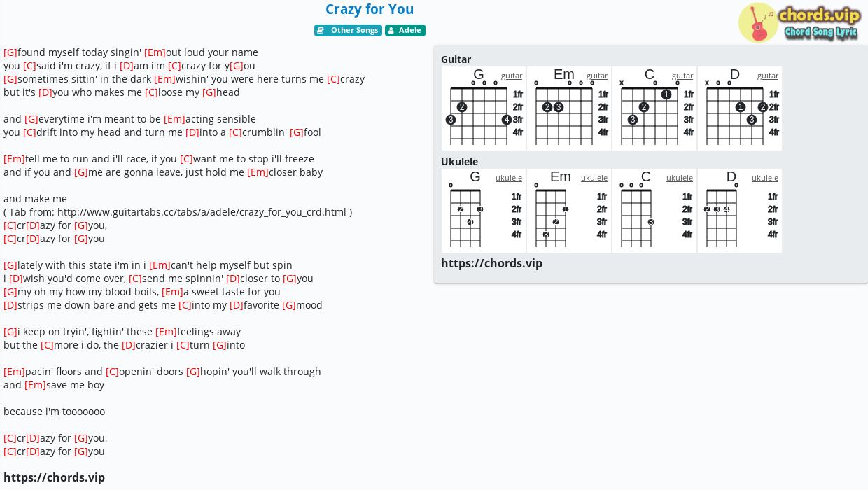 Chord Crazy For You Adele Tab Song Lyric Sheet Guitar Ukulele Chords Vip