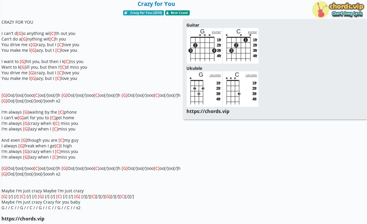 Chord Crazy For You Best Coast Tab Song Lyric Sheet Guitar Ukulele Chords Vip