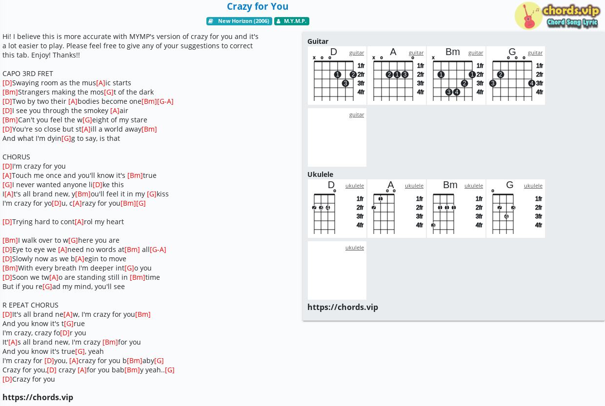 Chord Crazy For You M Y M P Tab Song Lyric Sheet Guitar Ukulele Chords Vip