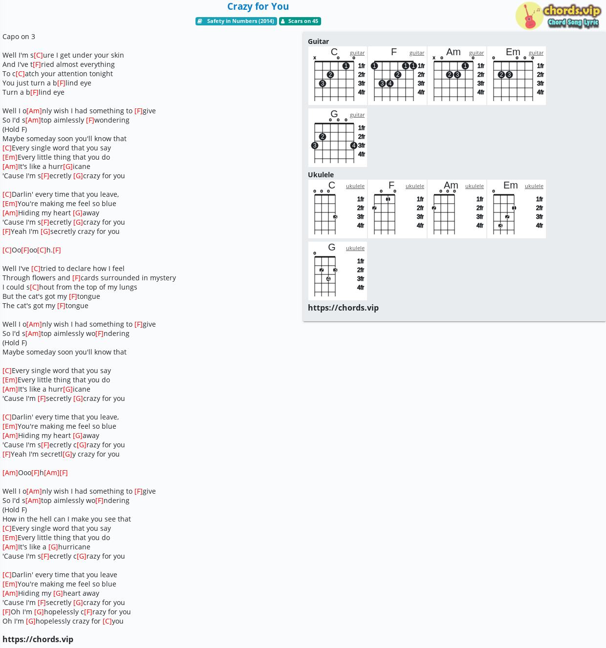 Chord Crazy For You Scars On 45 Tab Song Lyric Sheet Guitar Ukulele Chords Vip