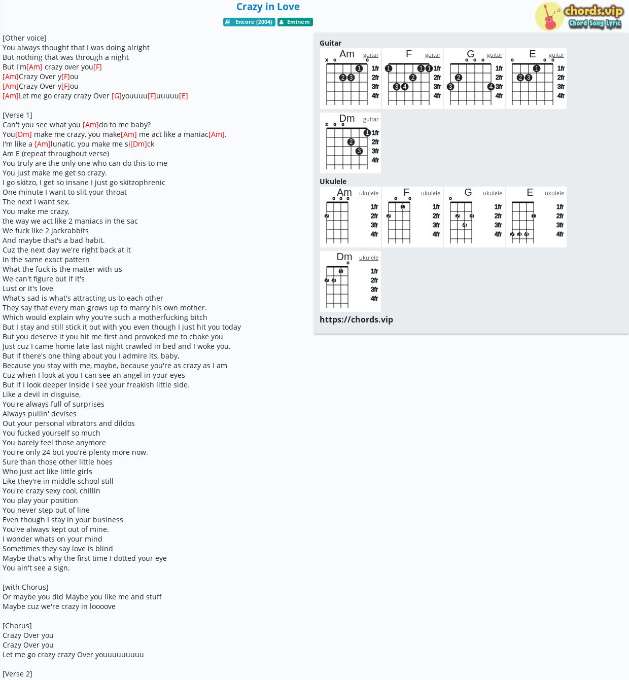 Chord Crazy In Love Eminem Tab Song Lyric Sheet Guitar Ukulele Chords Vip