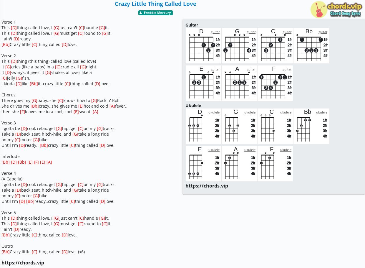 Soar lindring Slid Chord: Crazy Little Thing Called Love - Freddie Mercury - tab, song lyric,  sheet, guitar, ukulele | chords.vip