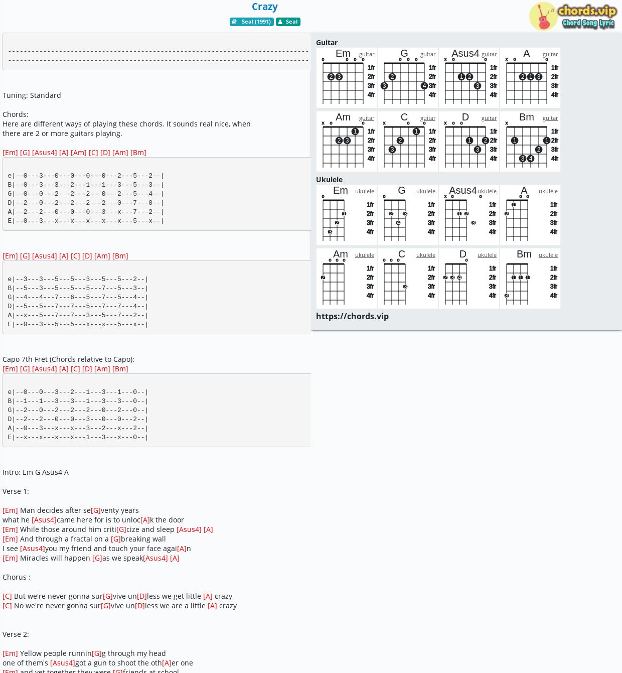 Chord Crazy Seal Tab Song Lyric Sheet Guitar Ukulele Chords Vip