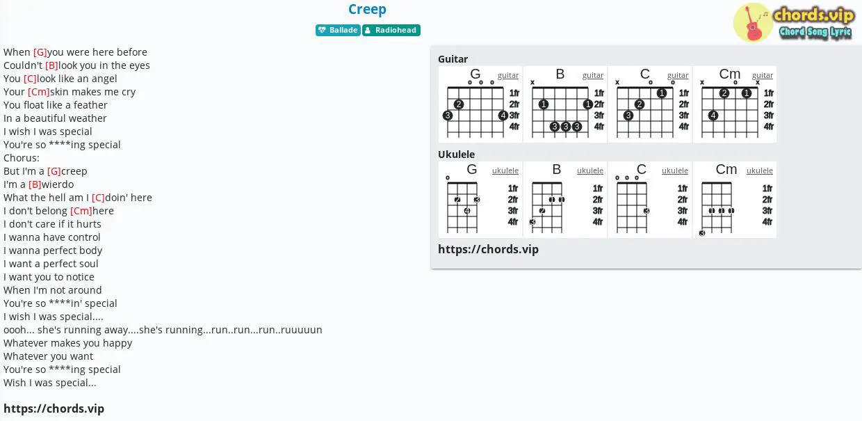 Isolere erindringsmønter Lige Chord: Creep - Radiohead - tab, song lyric, sheet, guitar, ukulele |  chords.vip