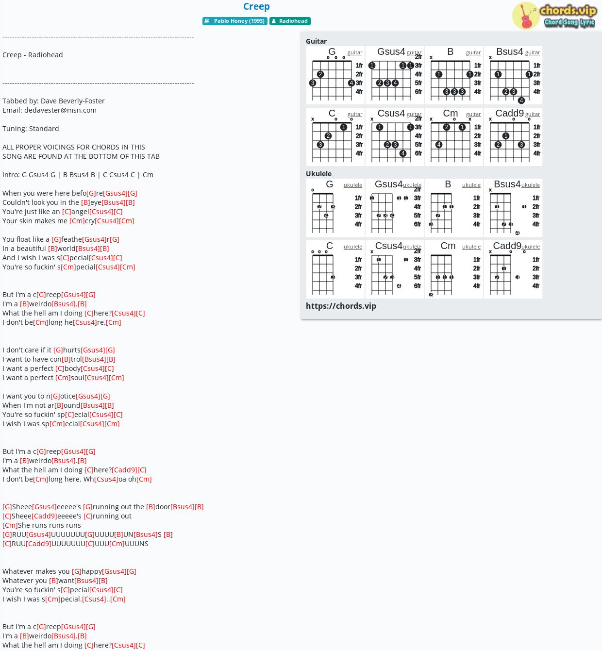 Chord: Creep - Radiohead - tab, song sheet, guitar, ukulele