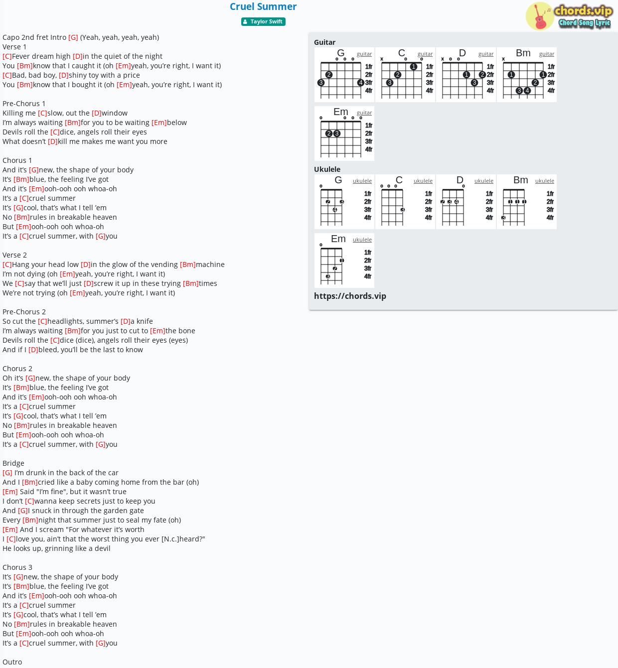 Cruel Summer Chords, PDF