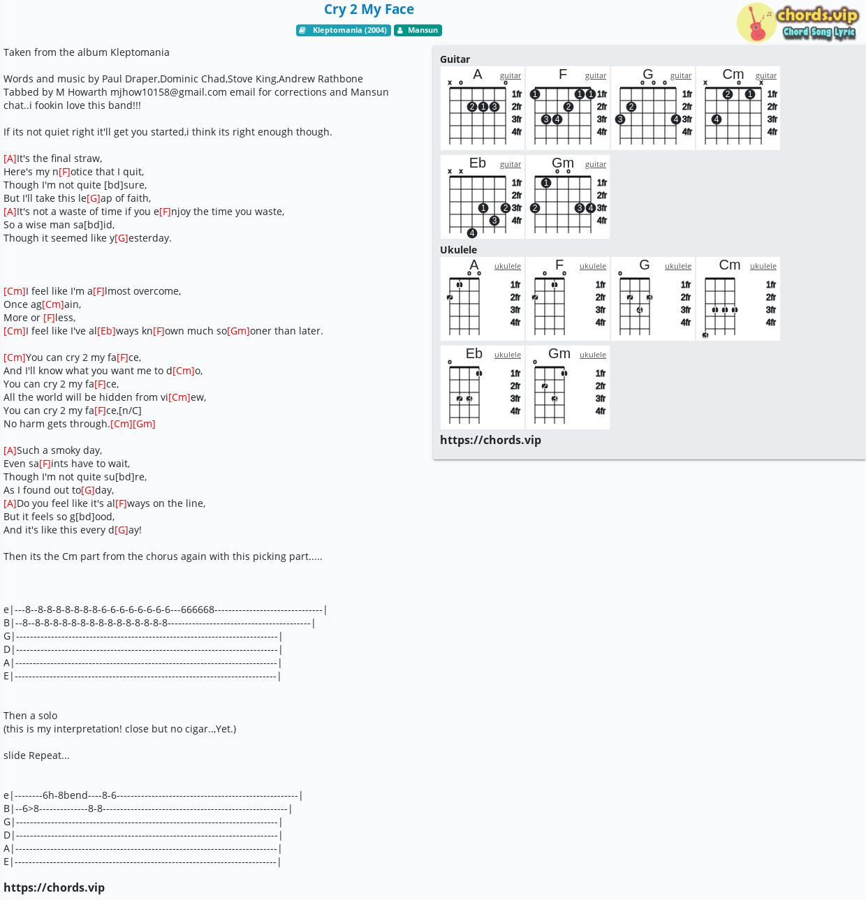 Chord Cry 2 My Face Mansun Tab Song Lyric Sheet Guitar Ukulele Chords Vip