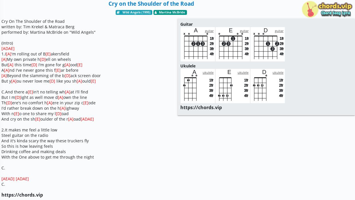 Chord Cry On The Shoulder Of The Road Martina Mcbride Tab Song Lyric Sheet Guitar Ukulele Chords Vip