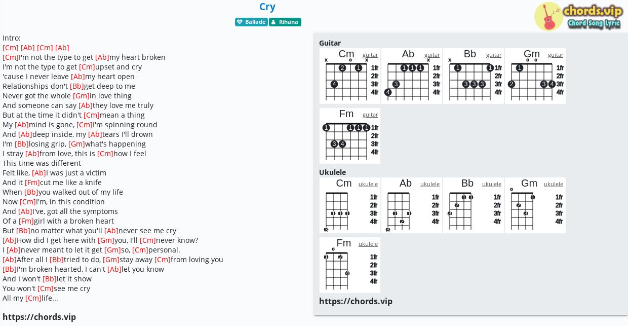 Chord: Cry - Rihana - tab, song lyric, sheet, guitar, ukulele | chords.vip