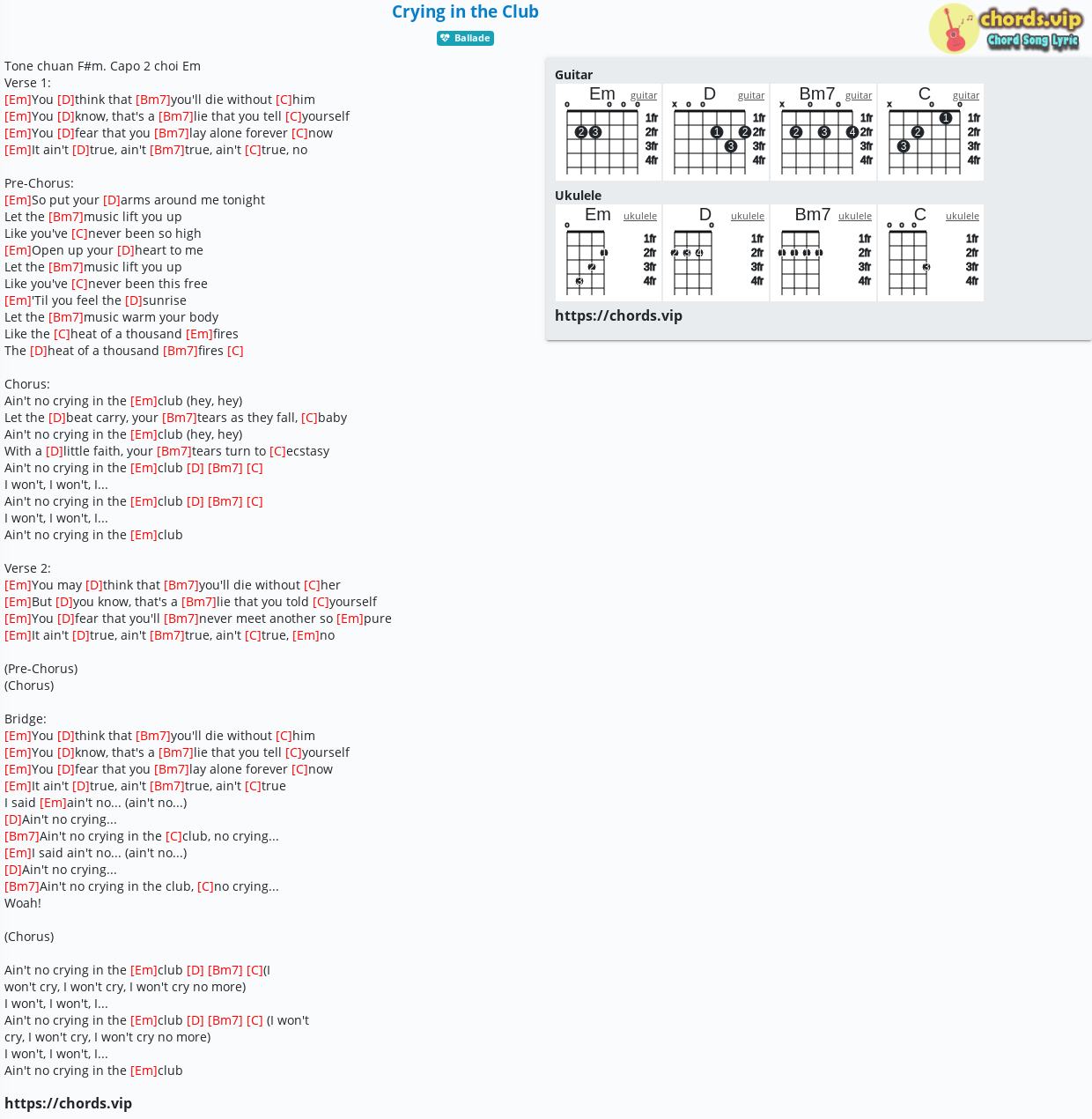 Hợp âm: Crying in the Club - cảm âm, tab guitar, ukulele - lời bài hát |  
