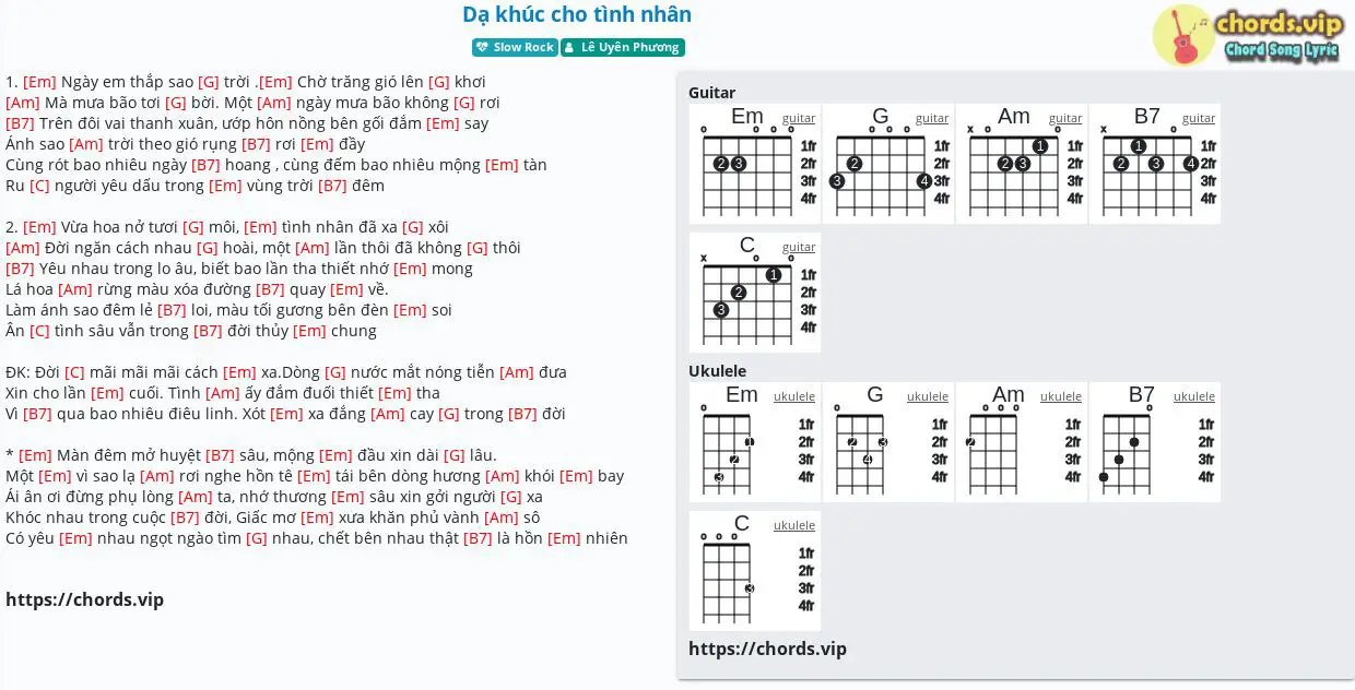 Hợp âm: Dạ khúc cho tình nhân - Lê Uyên Phương - cảm âm, tab guitar, ukulele - lời bài hát | chords.vip