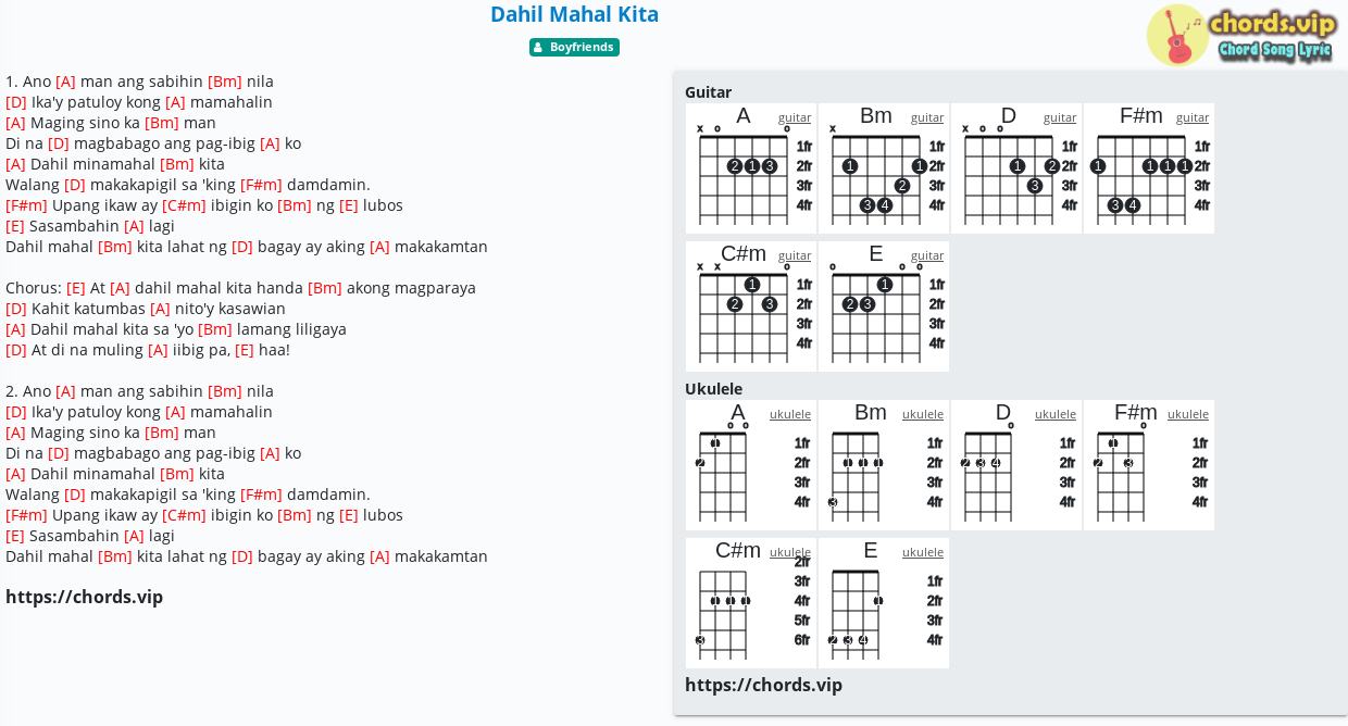 Hợp âm: Dahil Mahal Kita - Boyfriends - cảm âm, tab guitar, ukulele