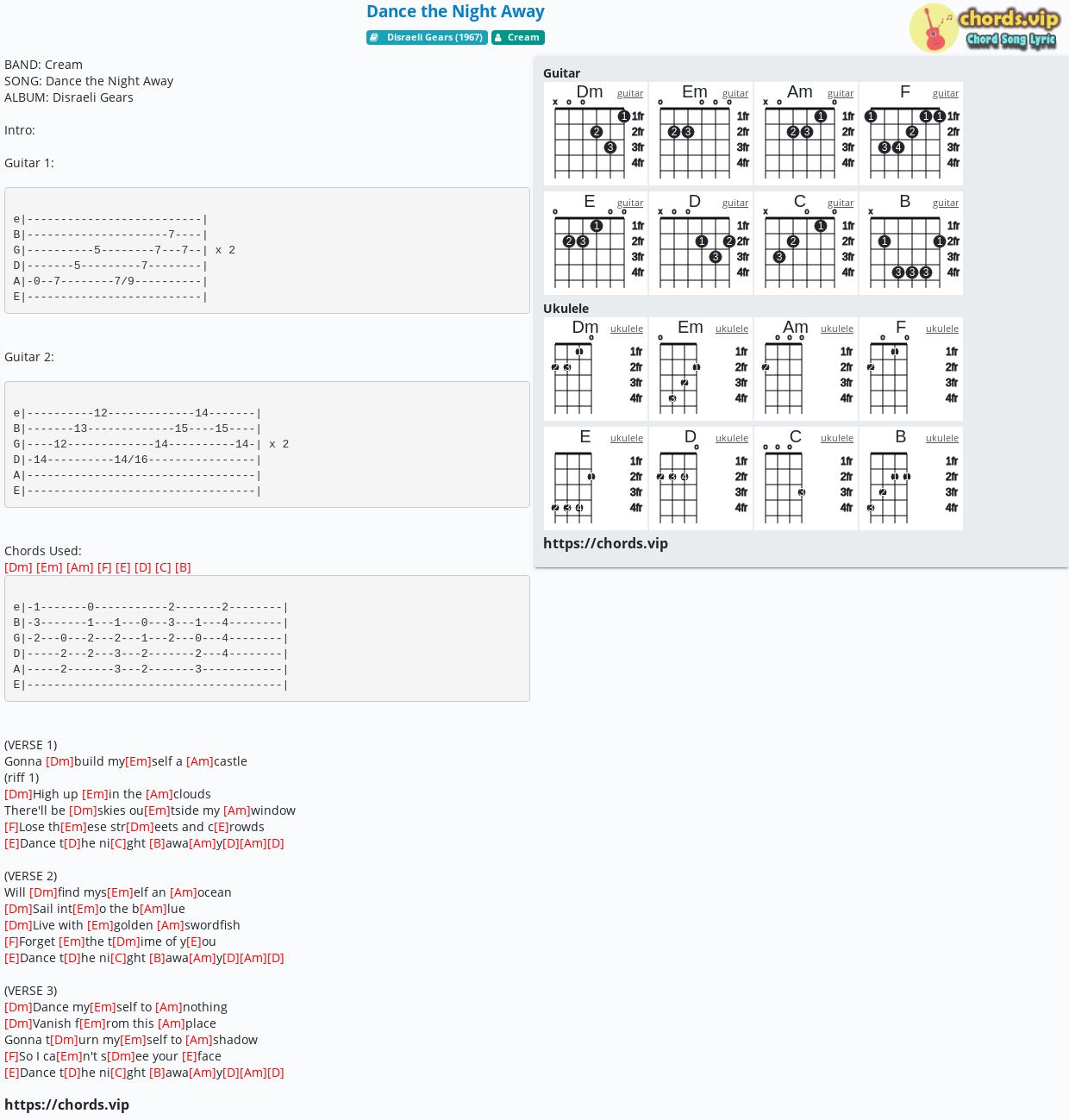 Chord Dance The Night Away Cream Tab Song Lyric Sheet Guitar Ukulele Chords Vip