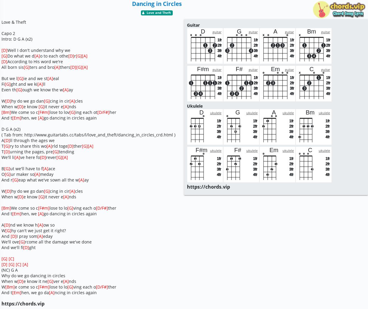 Chord Dancing In Circles Love And Theft Tab Song Lyric Sheet Guitar Ukulele Chords Vip