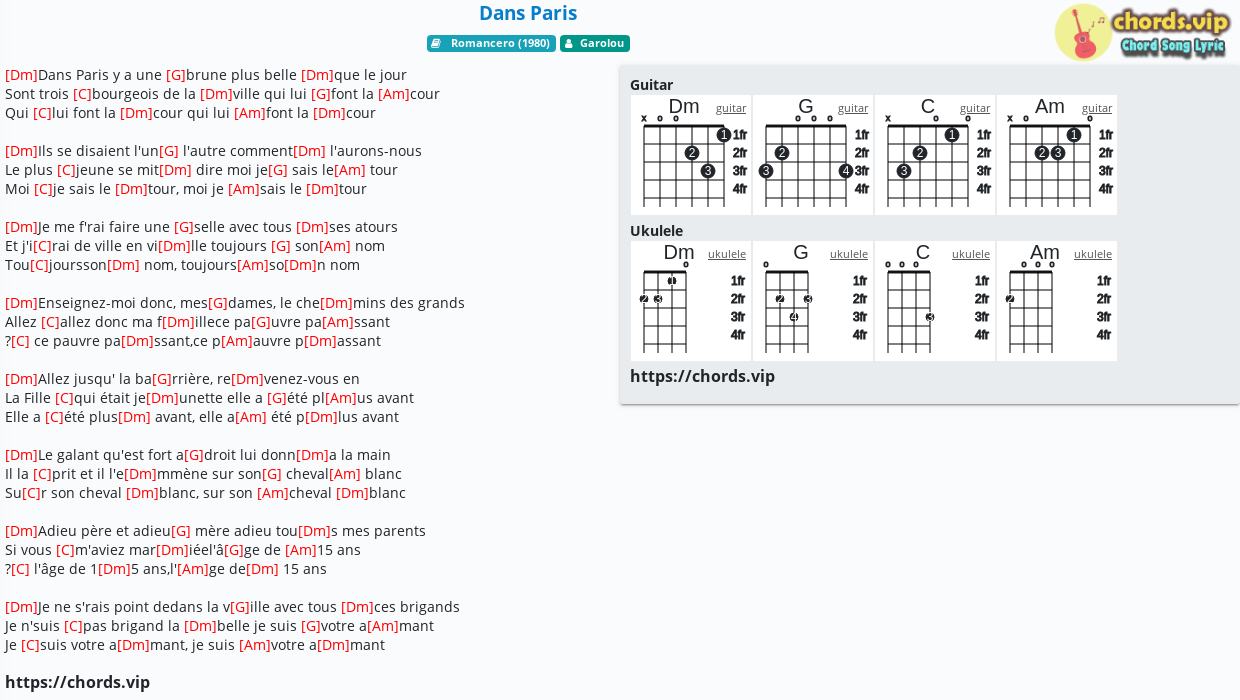 Chord Dans Paris Garolou Tab Song Lyric Sheet Guitar Ukulele Chords Vip