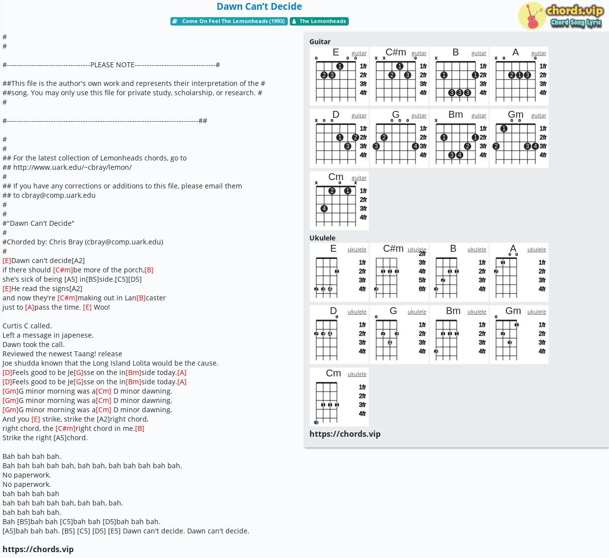 Chord: Dawn Can’t Decide - The Lemonheads - tab, song lyric, sheet