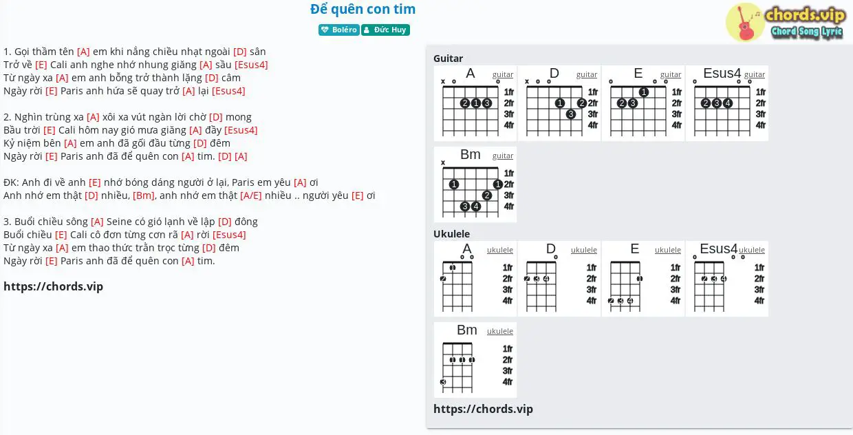 Hợp âm: Để quên con tim - Đức Huy - cảm âm, tab guitar, ukulele - lời bài hát | chords.vip