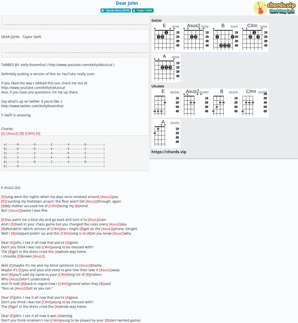 Chord Dear John Taylor Swift Tab Song Lyric Sheet Guitar Ukulele Chords Vip