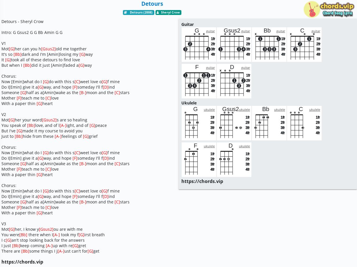 Chord Detours Sheryl Crow Tab Song Lyric Sheet Guitar Ukulele Chords Vip