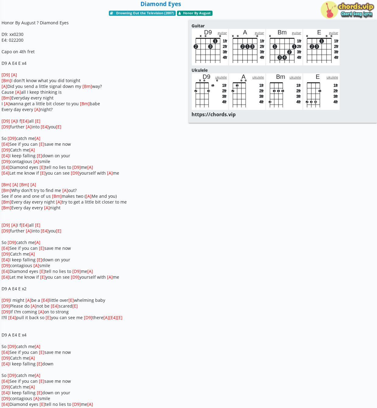 Chord: Diamond Eyes - Honor By August - tab, song lyric, sheet, guitar ...