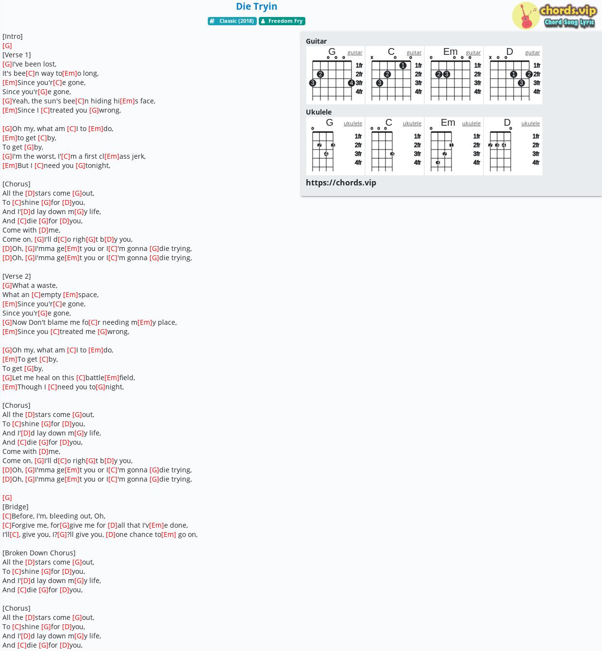 Chord Die Tryin Freedom Fry Tab Song Lyric Sheet Guitar Ukulele Chords Vip