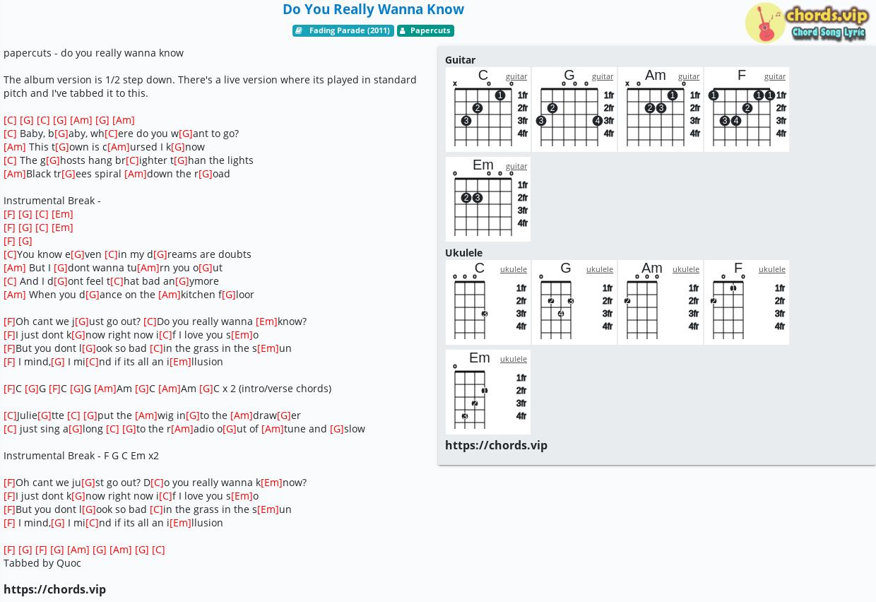 Chord Do You Really Wanna Know Papercuts Tab Song Lyric Sheet Guitar Ukulele Chords Vip