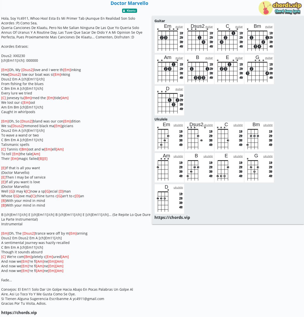 Chord Doctor Marvello Klaatu Tab Song Lyric Sheet Guitar Ukulele Chords Vip