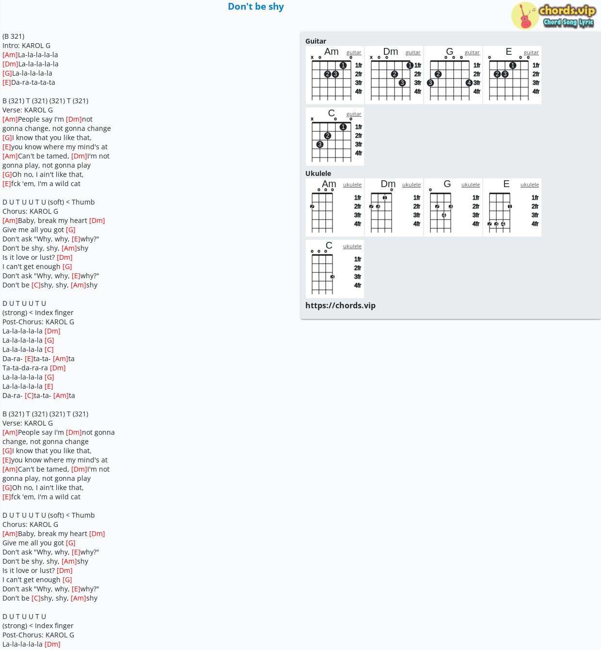 Chord Don T Be Shy Karol G Tiesto Tab Song Lyric Sheet Guitar Ukulele Chords Vip