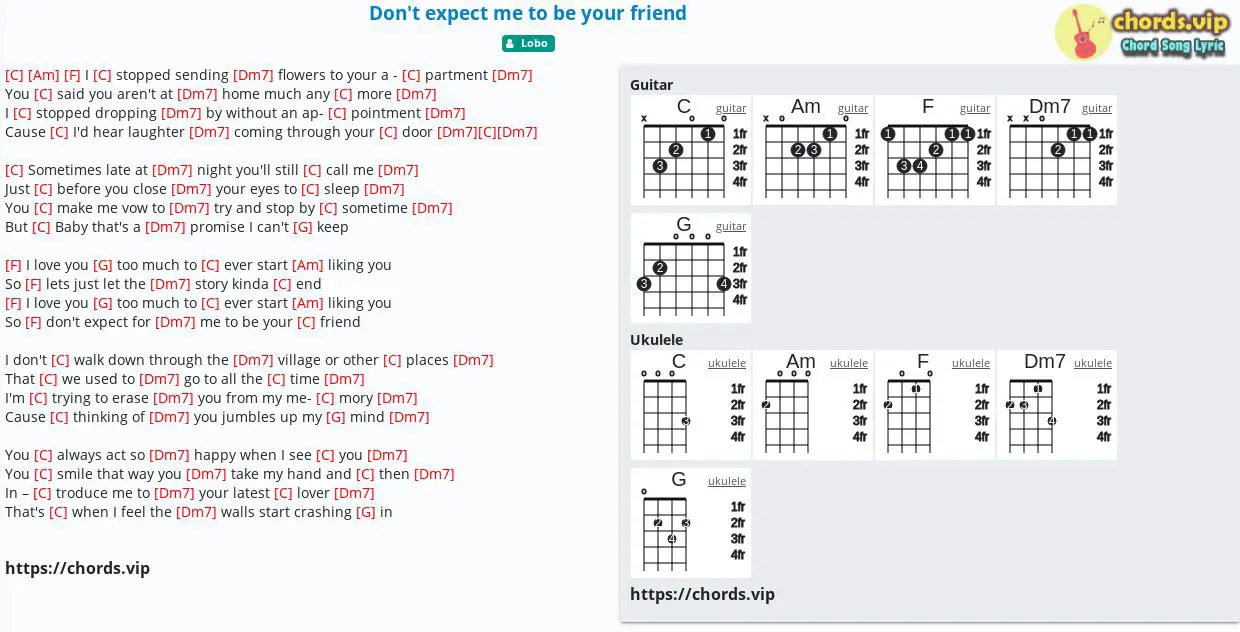 Chord Don T Expect Me To Be Your Friend Lobo Tab Song Lyric Sheet Guitar Ukulele Chords Vip