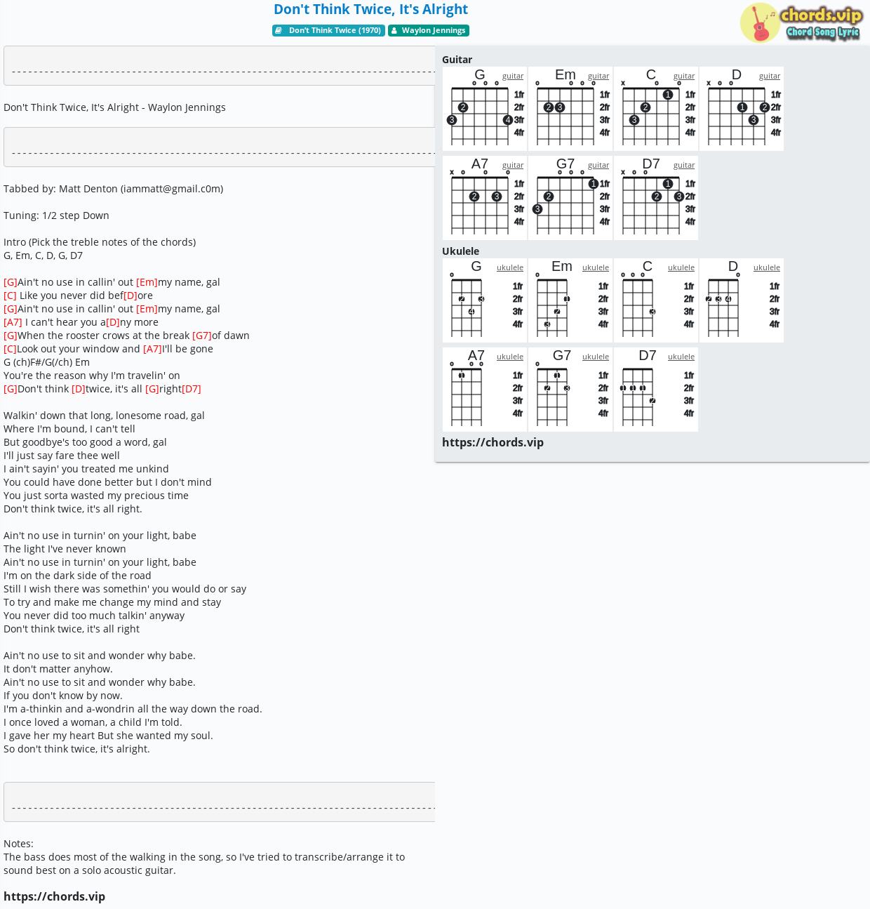 Chord Don T Think Twice It S Alright Waylon Jennings Tab Song Lyric Sheet Guitar Ukulele Chords Vip