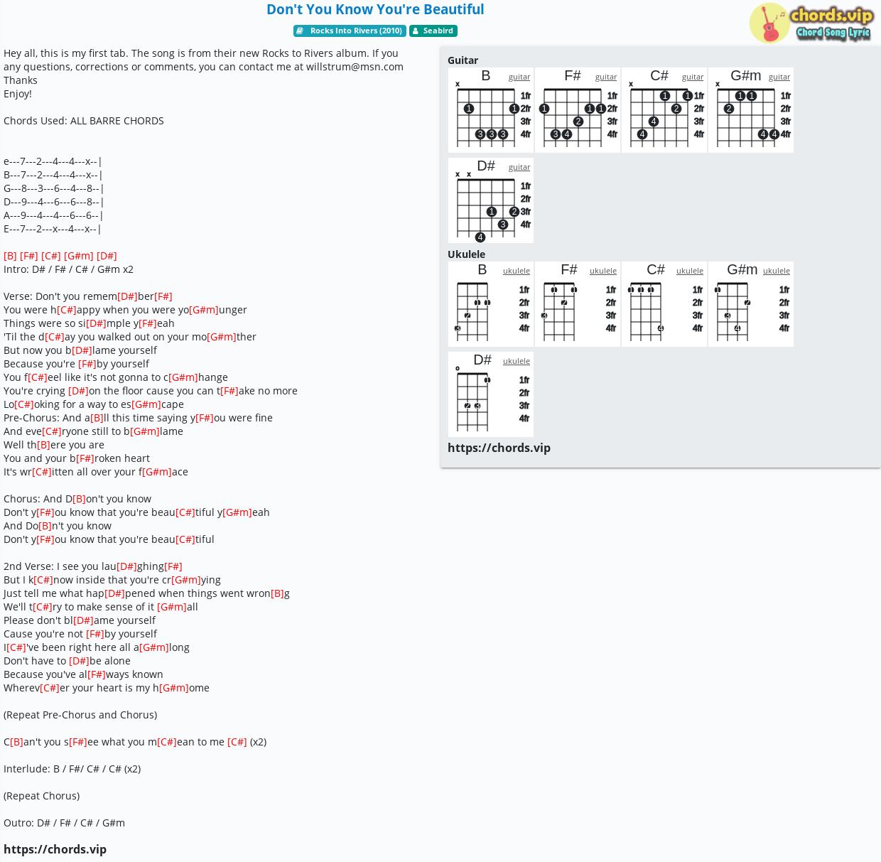 Chord Don T You Know You Re Beautiful Seabird Tab Song Lyric Sheet Guitar Ukulele Chords Vip