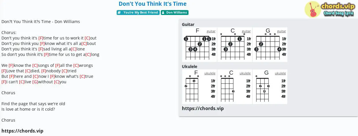 Chord Don T You Think It S Time Don Williams Tab Song Lyric Sheet Guitar Ukulele Chords Vip Flyinglibra51 ( 0) on 9/19/15 month views: chords vip