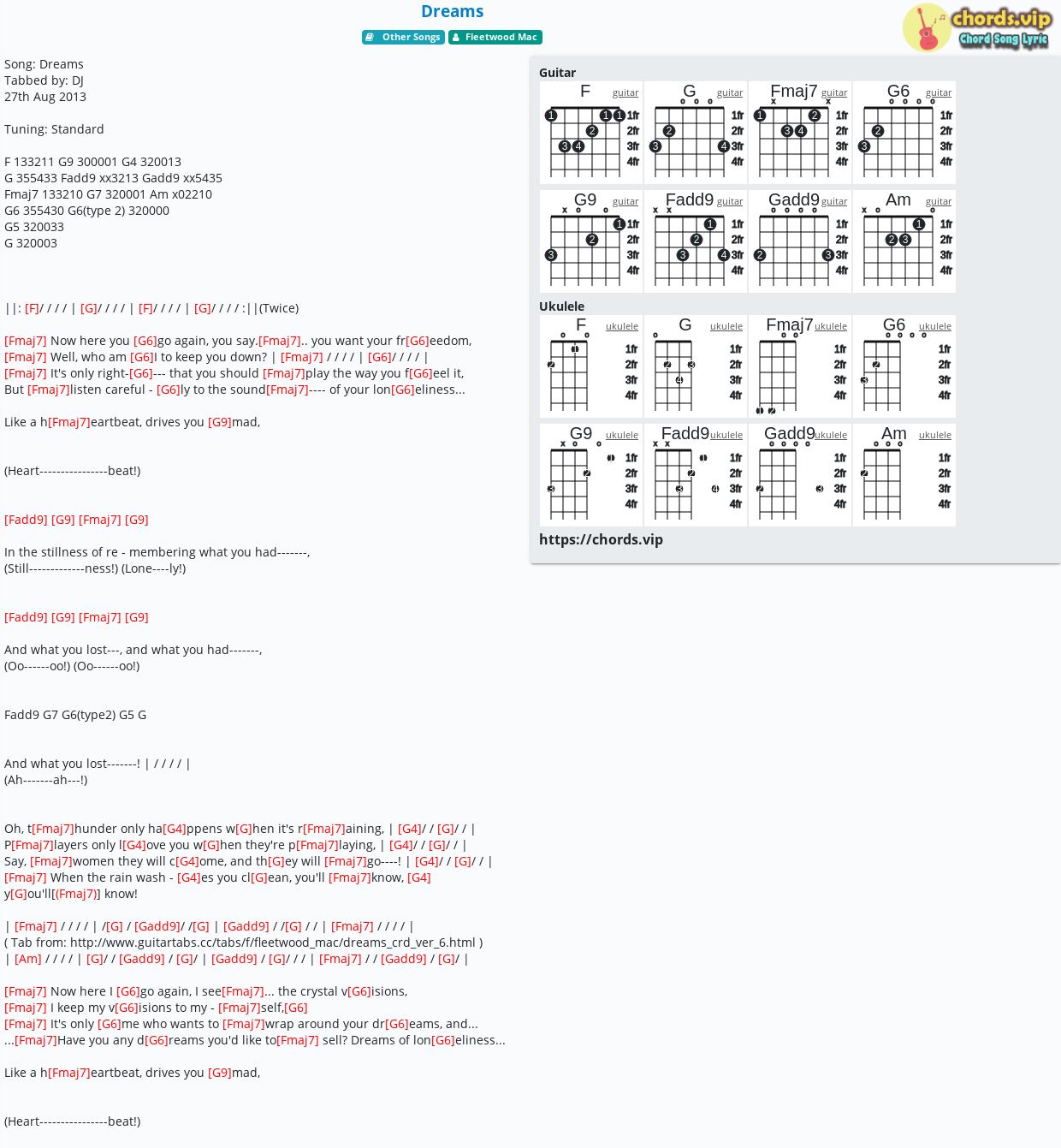 Chord: Dreams - Mac - tab, song lyric, guitar, ukulele | chords.vip