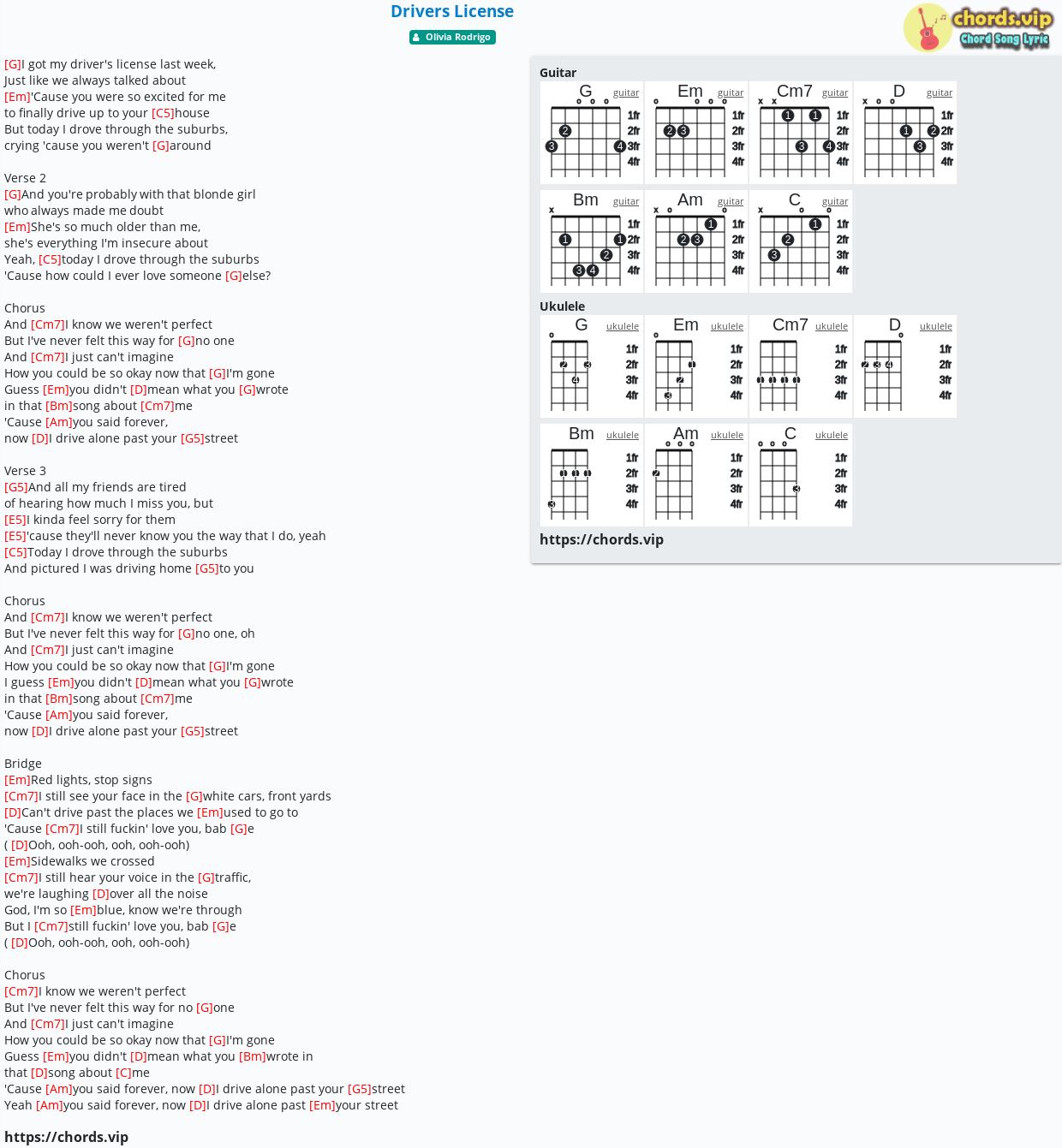 Chord Drivers License Olivia Rodrigo Tab Song Lyric Sheet Guitar Ukulele Chords Vip