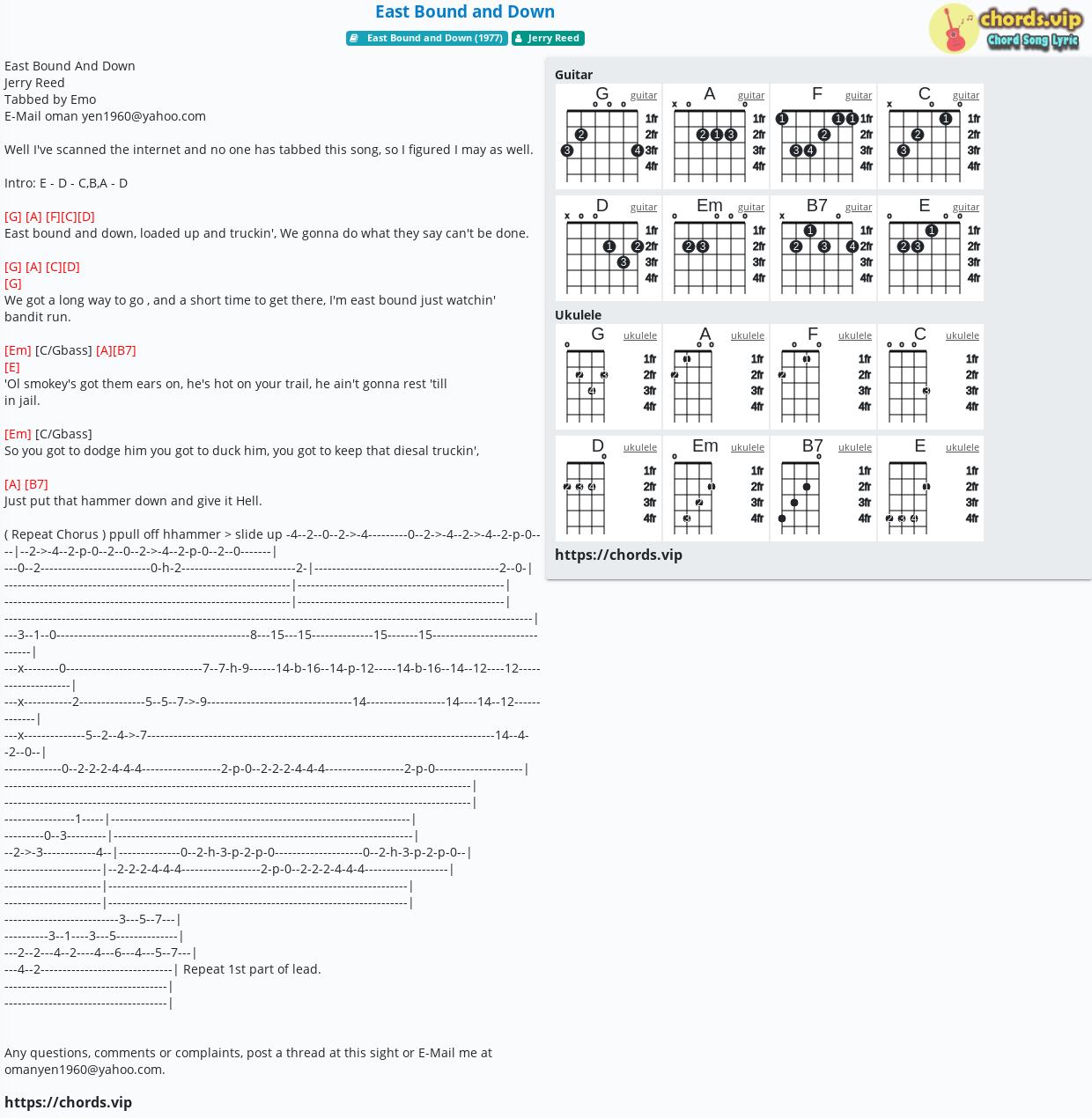 Chord East Bound And Down Jerry Reed Tab Song Lyric Sheet Guitar Ukulele Chords Vip