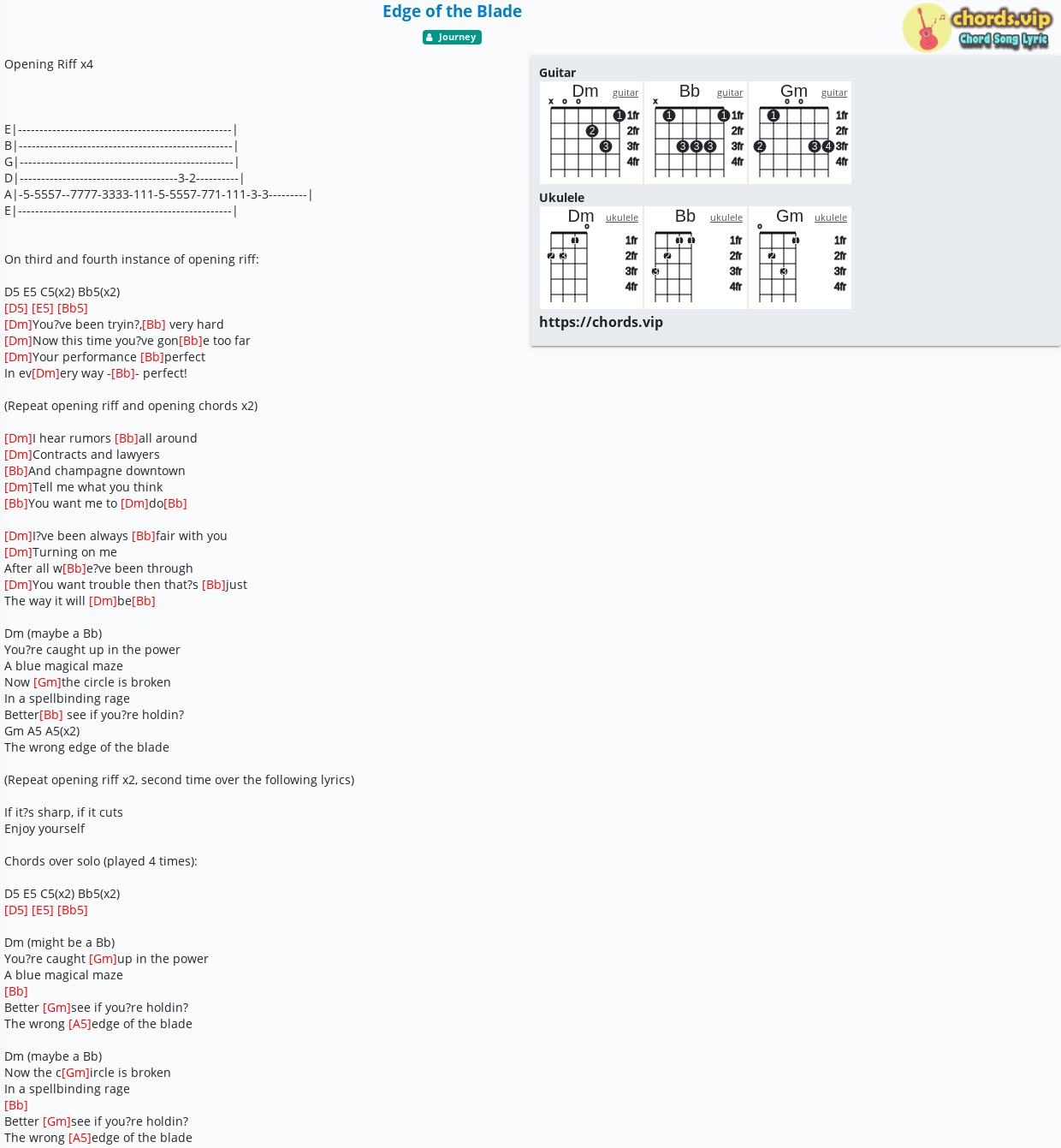 Chord Edge Of The Blade Journey Tab Song Lyric Sheet Guitar Ukulele Chords Vip