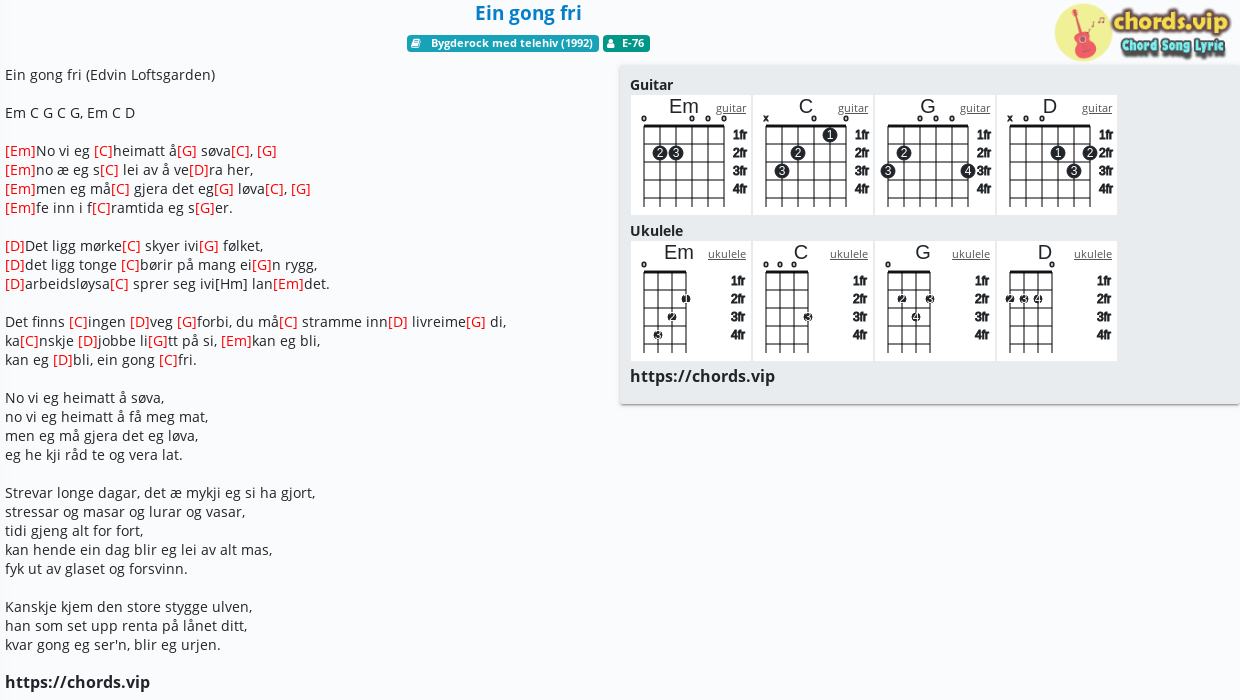 Chord Ein Gong Fri E 76 Tab Song Lyric Sheet Guitar Ukulele Chords Vip