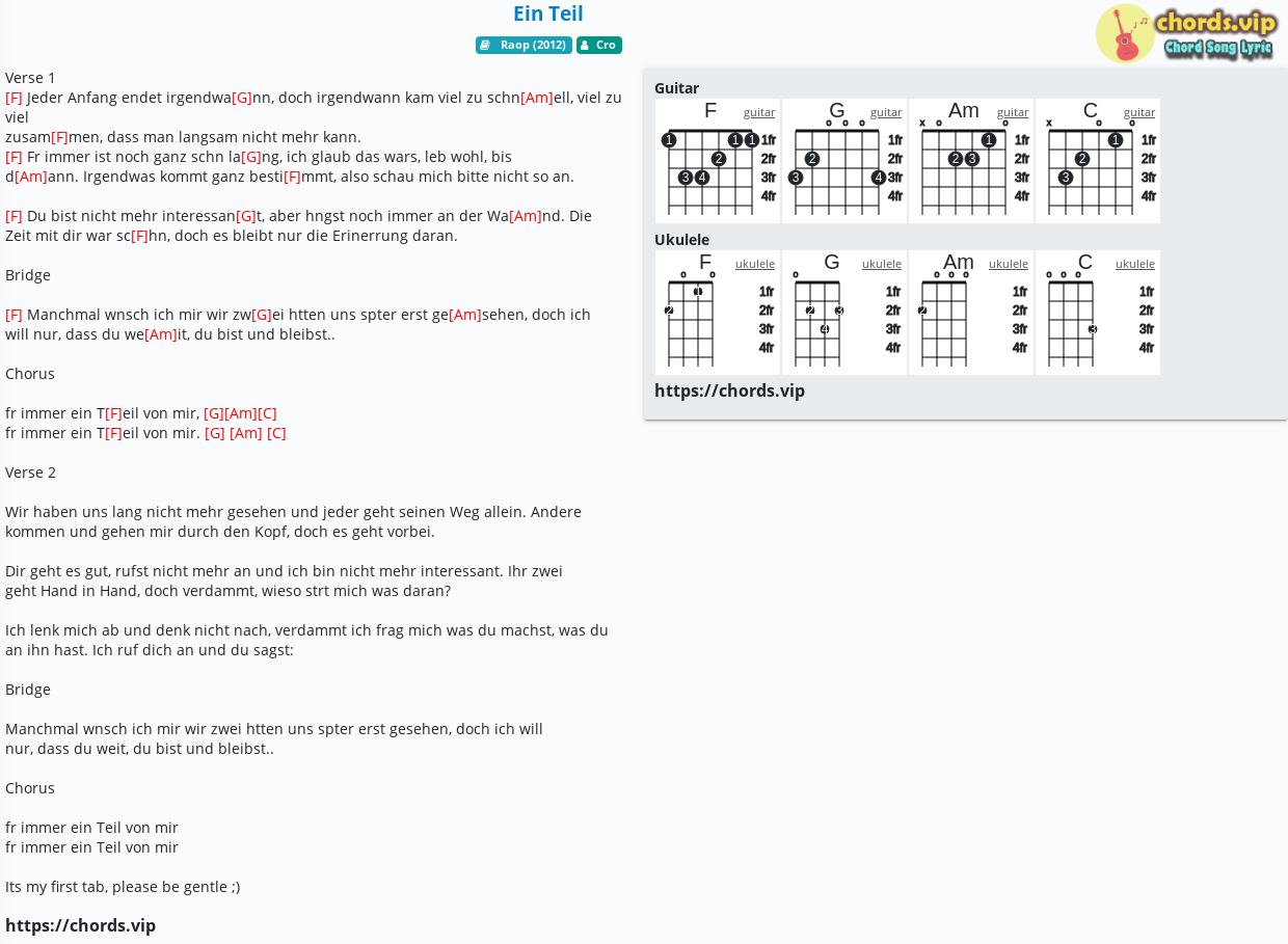Chord Ein Teil Cro Tab Song Lyric Sheet Guitar Ukulele Chords Vip
