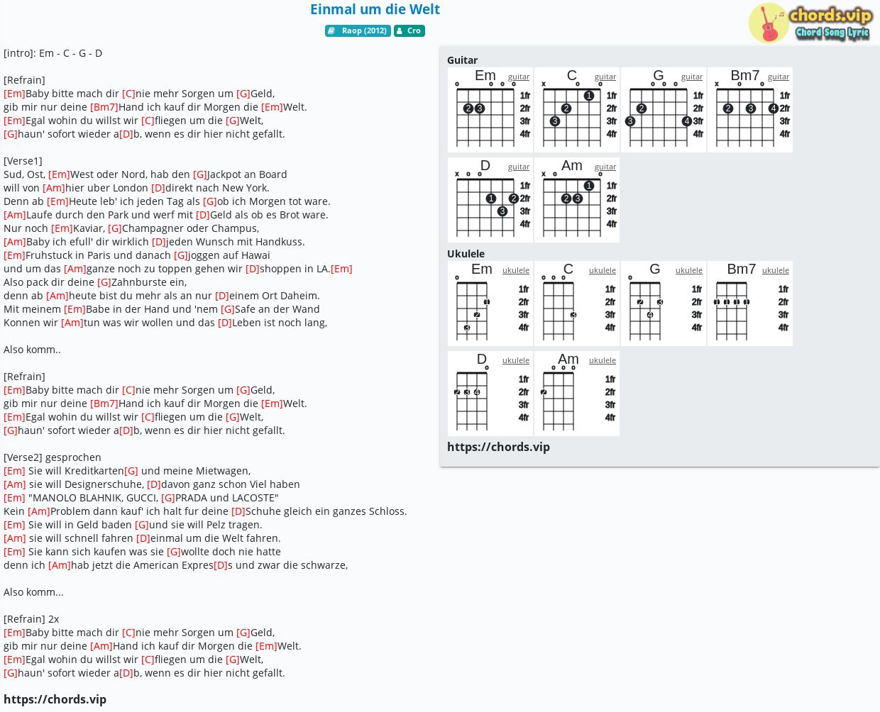 Chord Einmal Um Die Welt Cro Tab Song Lyric Sheet Guitar Ukulele Chords Vip