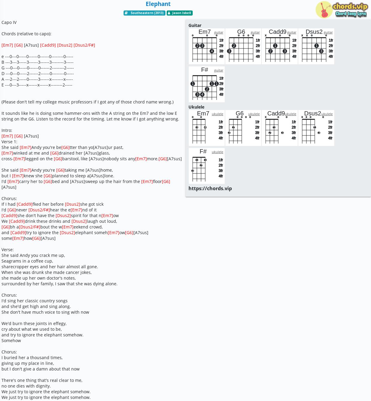 Chord Elephant Jason Isbell tab, song lyric, sheet, guitar