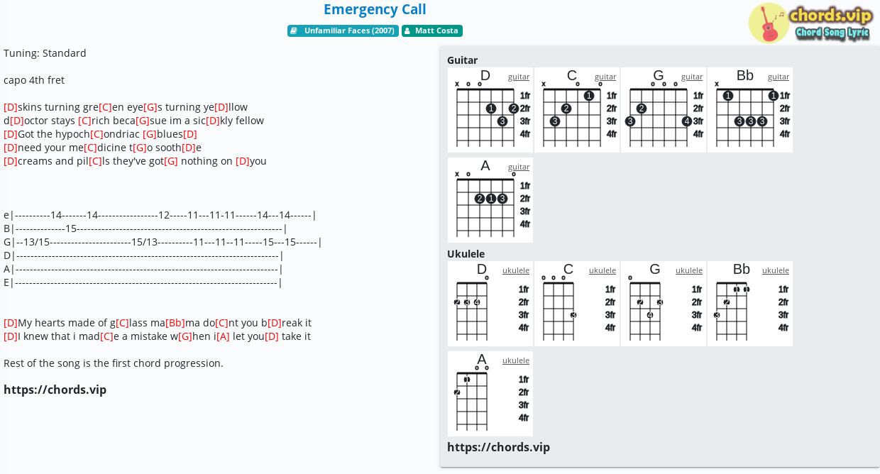 Chord Emergency Call Matt Costa Tab Song Lyric Sheet Guitar Ukulele Chords Vip