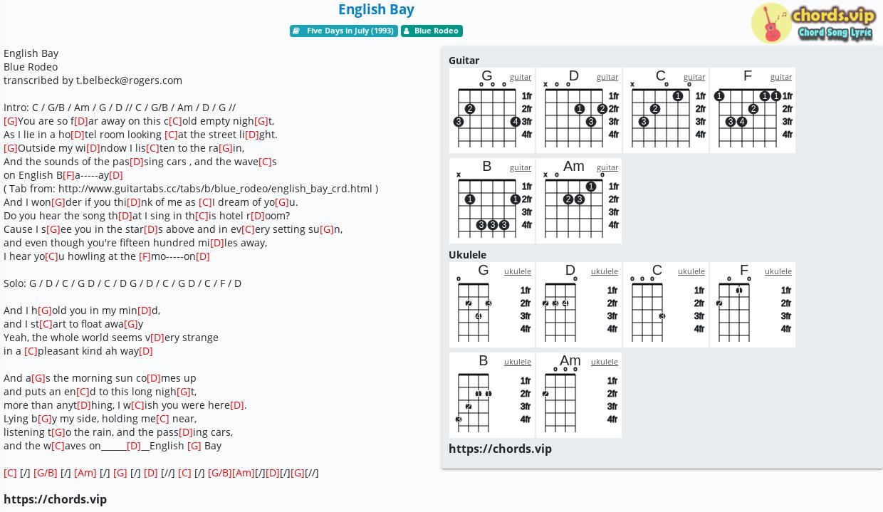 Chord English Bay Blue Rodeo Tab Song Lyric Sheet Guitar Ukulele Chords Vip